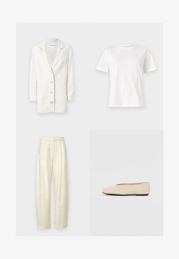 Hvit blazer laget av et lett materiale, med en en-knappslukking, utskårne revers og tre frontknapper med matchende knappehull.; Hvit bomull t-skjorte med korte ermer, rund hals og avslappet passform. Glatt tekstur, ingen mønstre eller detaljer, minimalistisk design.; Plisserte, høyhåndte bukser i lysecreme stoff. Har en rett snitt og en jevn tekstur. Ingen lommer eller synlig maskinvare.; Beige semsket ballettsko med rund tå, flat såle og minimalistisk design. Jevn tekstur uten synlig maskinvare eller utsmykning.