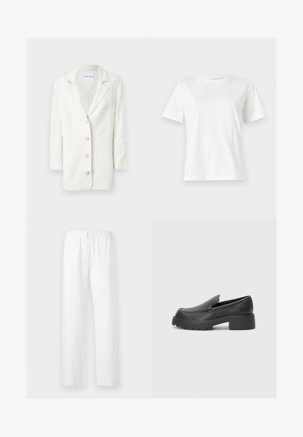 White blazer made from a lightweight fabric, featuring a single-breasted design, notched lapels, and three front buttons with matching buttonholes.; White cotton t-shirt with short sleeves, round neckline, and a relaxed fit. Smooth texture, no patterns or accents, minimalistic design.; White linen pants with a relaxed fit, elastic drawstring waistband, and straight legs; smooth texture and lightweight fabric.; Black leather loafers with a rounded toe, thick textured sole, and minimal stitching details. Sleek design with no visible laces or hardware.