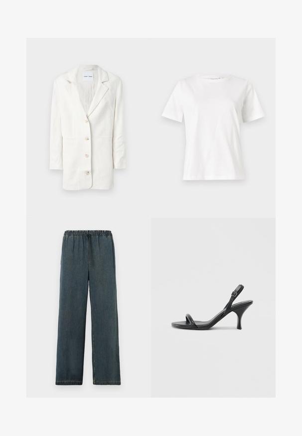 White blazer made from a lightweight fabric, featuring a single-breasted design, notched lapels, and three front buttons with matching buttonholes.; White cotton t-shirt with short sleeves, round neckline, and a relaxed fit. Smooth texture, no patterns or accents, minimalistic design.; Dark blue denim trousers with an elastic waistband and drawstring. Wide leg design with finished hems and a smooth, textured surface.; Black leather high-heeled sandals with a slim, curved heel and a crossed strap design. Adjustable ankle strap. Smooth texture.
