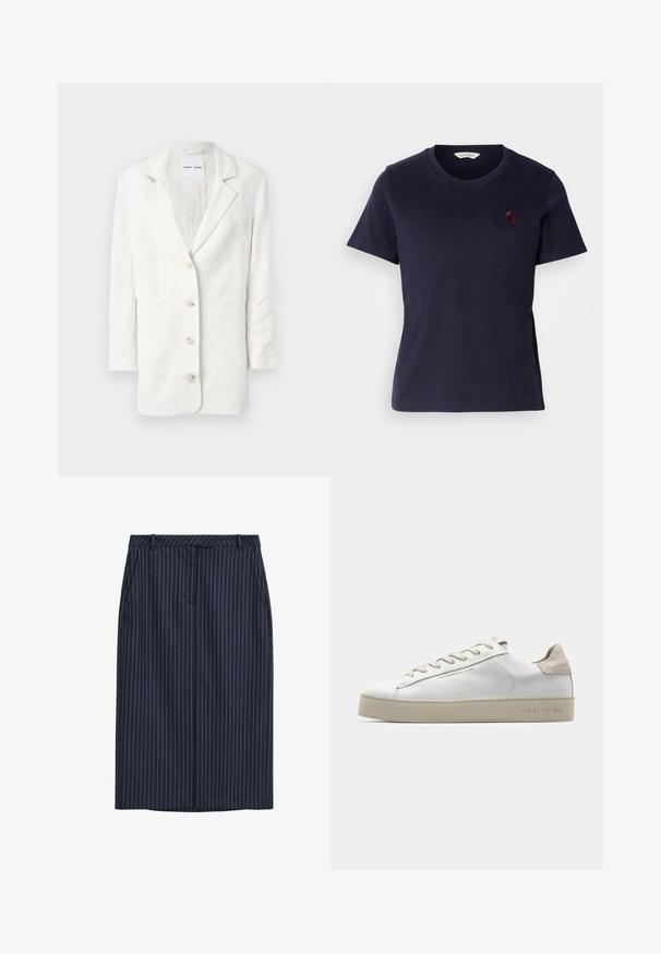 Blazer blanc en tissu léger, présentant un design à boutonnage simple, des revers crantés et trois boutons à l'avant avec des boutonnières assorties.; T-shirt en coton bleu marine avec un col en V, des manches courtes et un petit logo brodé bordeaux sur la poitrine. Texture douce.; Jupe crayon bleu marine à rayures, coupe droite, poches avant, taille, et texture lisse. Sans fermetures ni attaches visibles.; Sneaker en cuir blanc avec une finition lisse, accents en suède beige, bout arrondi, design à lacets plats et semelle en caoutchouc texturée.