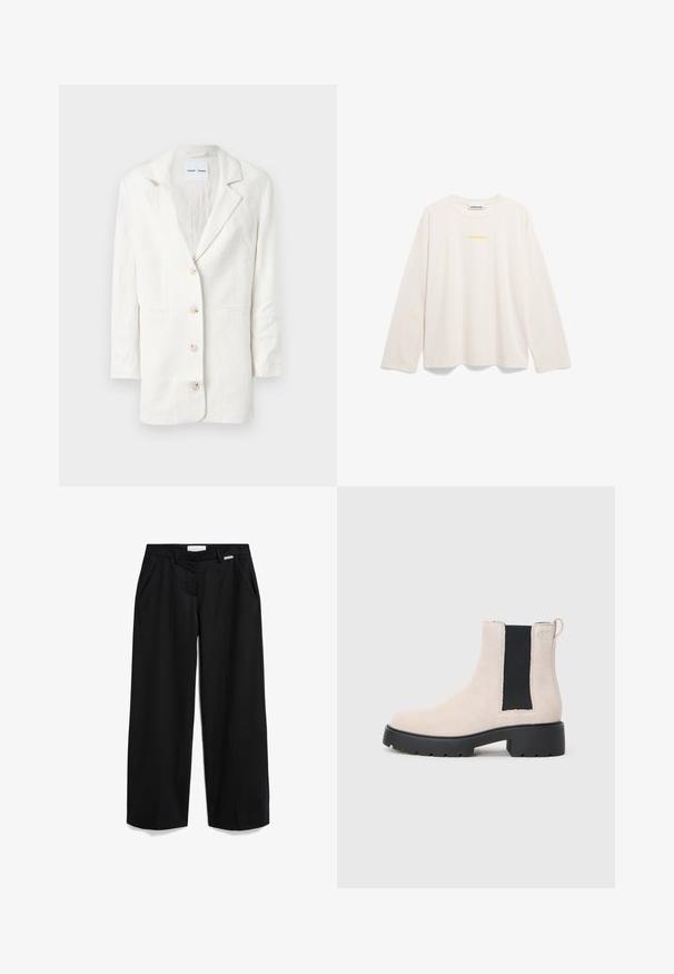 Witte blazer van een lichtgewicht stof, met een enkelvoudig ontwerp, geknopt revers en drie knopen aan de voorkant met bijpassende knoopsgaten.; Lange mouwen, lichtbeige t-shirt gemaakt van zachte katoen. Heeft een ronde halslijn en een klein geel logo-tekst in het midden.; Zwarte wijde broeken met een gladde textuur, voorzien van zijzakken, een rits en een klein wit label op de tailleband.; Beige suède Chelsea-boot met zwarte elastische zijpaneel, robuuste zwarte zool en een trekhaak bij de enkel.