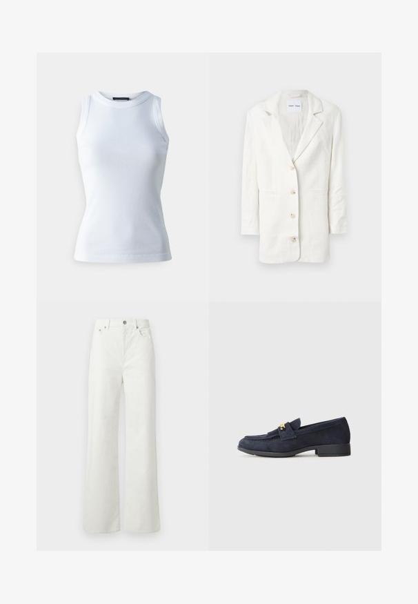 Weißer Blazer aus leichtem Stoff, mit einreihigem Design, mit Reverskragen und drei vorderen Knöpfen sowie passenden Knopflöchern.; Weißes ärmelloses Oberteil aus geripptem Stoff, mit rundem Halsausschnitt und figurbetonter Silhouette. Glatte Textur, keine sichtbaren Muster oder Akzente.; Samsøe Samsøe SHELLY - Jeans Relaxed Fit - clear cream; Marineblaue Wildleder-Lederlofer mit einem niedrigen schwarzen Absatz, ausgestattet mit einem dekorativen goldfarbenen Hardware-Detail auf der Vorderseite und einem abgerundeten Zehendesign.