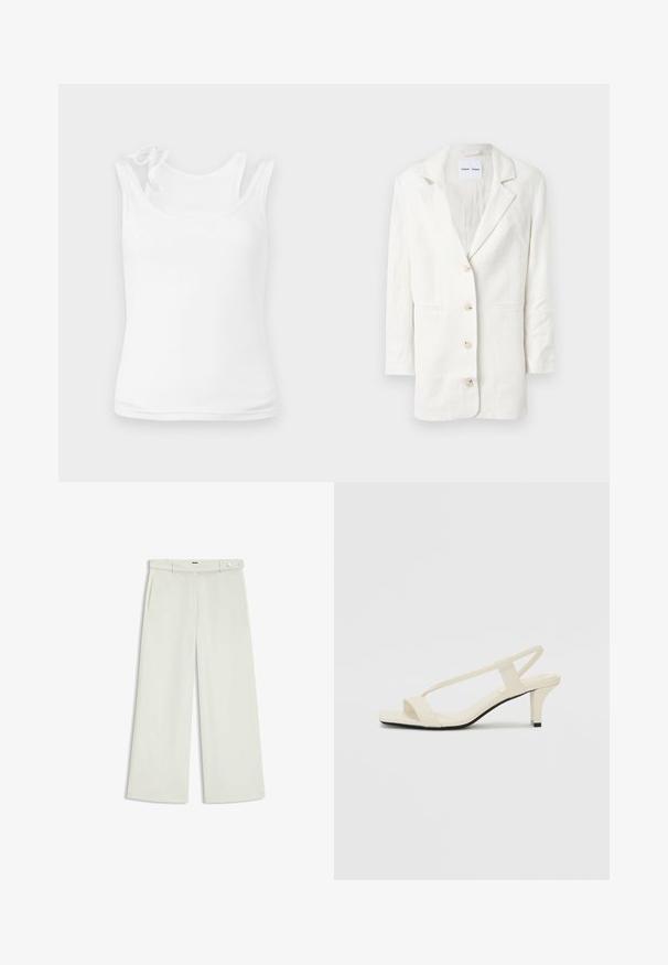 Hvid blazer lavet af et letvægtsstof, med et enkeltstående design, udskårne revers og tre frontknapper med matchende knaphuller.; Hvid tanktop lavet af blødt, strækbart stof. Har en afrundet halsudskæring og tynde stropper med dekorative binds detaljer. Glat overflade.; Bredde bukser i lys cremefarvet stof, med sidelommer, flad front og en enkelt knaplukning i taljen. Glat tekstur.; Beige blokhælede sandaler med tynde remme og en firkantet tå. Glat materiale med minimal detaljering, designet til nem brug.
