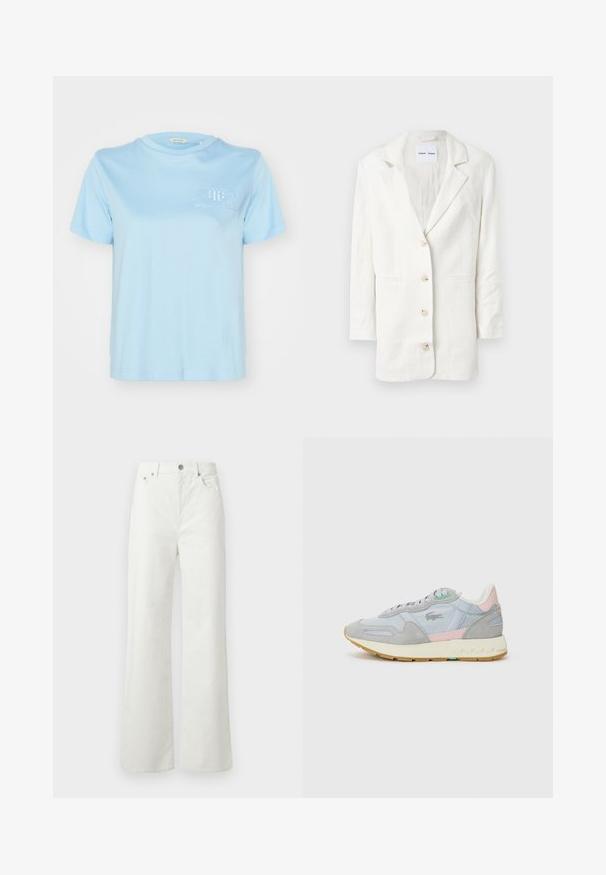 Biały żakiet wykonany z lekkiego materiału, z zapinaniem na jeden guzik, klapami oraz trzema przednimi guzikami z dopasowanymi dziurkami.; Jasnoniebieska bawełniana koszulka z okrągłym dekoltem, krótkimi rękawami i haftowanym logo "GANT AMERICAN SPORTSWEAR" na piersi.; Samsøe Samsøe SHELLY mleczny; Jasnoszare zamszowe sneakersy z pastelowymi akcentami w kolorze różowym i niebieskim, teksturowane panele z siateczki, wyściełany kołnierz oraz beżowa gumowa podeszwa.