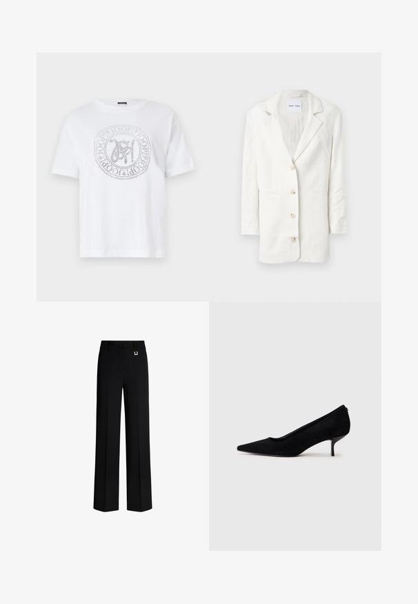 Blazer bianco realizzato in tessuto leggero, con design a un petto, rever a punte e tre bottoni frontali con asole abbinate.; T-shirt bianco in cotone con scollatura rotonda e maniche corte. Presenta un logo circolare argentato al centro con dettagli intricati.; Pantaloni neri a gamba larga realizzati in tessuto liscio. Presentano una chiusura a bottone e un dettaglio in metallo dorato sulla vita. Vestibilità dritta e sartoriale.; Scarpa nera in suede con tacco alto appuntito e tacco sottile e basso. Texture liscia con un design elegante, priva di accessori visibili.