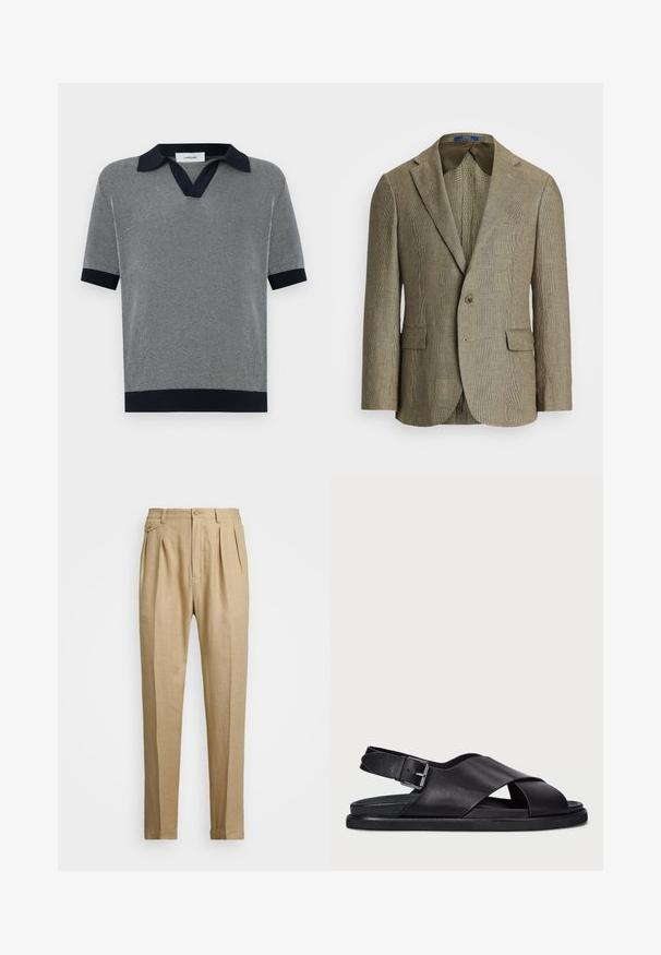 Ruda un brūna tonī pārstrādāts blazeris ar vienu pogu, ar izvirzītiem apkakles galiem un divām priekšējām kabatām. Tekstūrēta auduma.; Īsām piedurknēm polo krekls tumši zilā un gaiši pelēkā krāsā, ar teksturētu rakstu, plašu apkakli un ribotu piedurkņu malu. Etiķete redzama uz apkakles.; Bēšas lina bikses ar taisnu griezumu, ar divām priekšējām krokām, pogu aizdari un sānu kabatām. Strukturēta auduma virsma ar gludu apdari.; Polo Ralph Lauren ZANE LEATHER SANDAL - Sandales - black