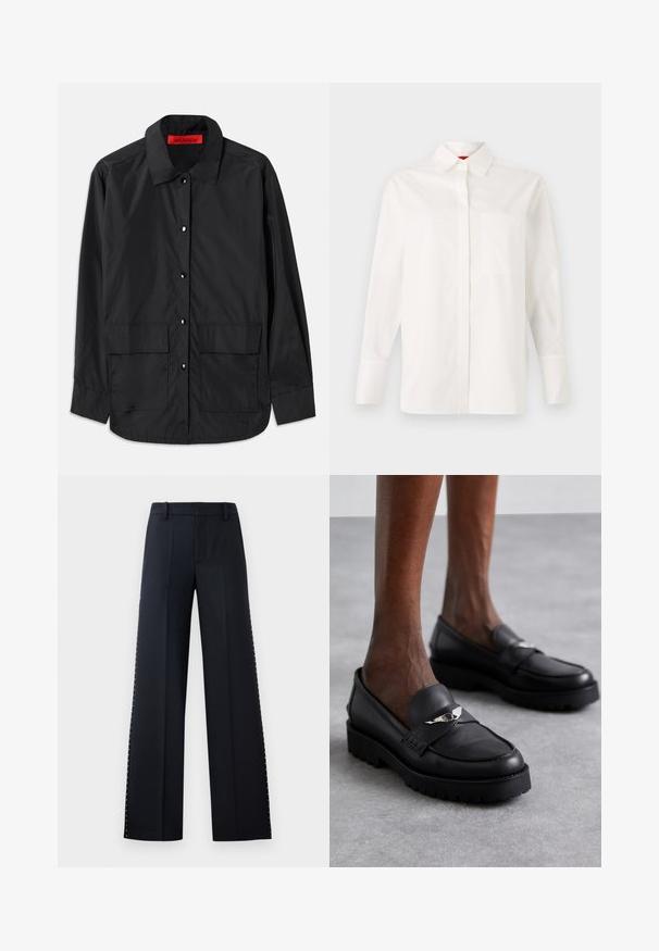 Chemise noire à boutons, fabriquée en tissu léger, dotée d'un col classique, de deux poches avant et d'une étiquette rouge intérieure.; Chemise blanche à manches longues en coton, avec un col classique, une poche poitrine unique et des poignets boutonnés. Texture lisse, coupe droite.; Pantalons larges en noir. Coupe ajustée avec une texture lisse. Présente une rangée de clous métalliques le long des coutures latérales pour le détail.; Mocassins en cuir noir avec un bout arrondi, présentant un accent en argent sur la sangle et une semelle épaisse et texturée pour une meilleure adhérence.