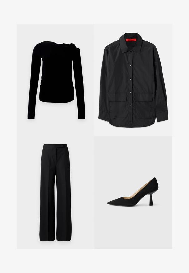 Juodas mygtukų marškiniai, pagaminti iš lengvos medžiagos, su klasikinio stiliaus apykakle, dviem priekinėmis kišenėmis ir raudona vidine etikete.; Juoda ilgomis rankovėmis apranga su viena petneša, kuri pasižymi raukšlės detale šone. Pagaminta iš minkštos, elastingos medžiagos su lygiu paviršiumi.; Plati juodos kelnės su lygiu, matinį paviršių. Lygus liemuo be matomų detalių ar raštų. Paprastas ir elegantiškas dizainas.; Juodas zomšinis aukštakulnis batelis su smailiu pirštu, turintis blizgų juodą blokinį kulną ir lygų vidinį pamušalą.