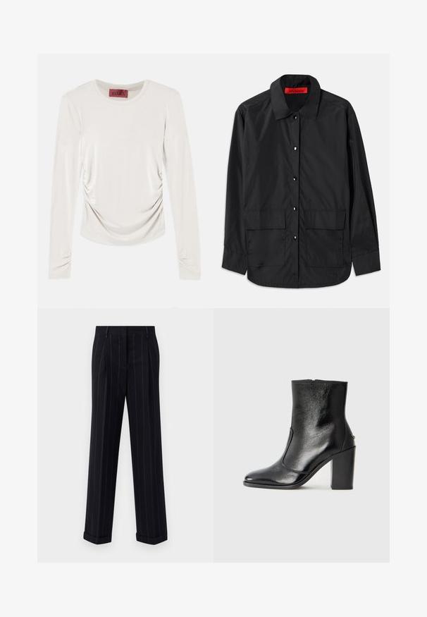 Zwarte button-up shirt van lichtgewicht stof, met een klassieke kraag, twee voorzakken en een rode interne label.; Crème lange mouw top met gerimpelde zijkanten en mouwen, ronde halslijn en een rode label binnenin de kraag.; Zwarte broek met streepjes in een getailleerde pasvorm, voorzien van een omgeslagen zoom en voorplooien. Gemaakt van een gladde stof met een gestructureerd ontwerp.; Zwarte leren enkelboot met een gladde textuur, spitse neus en een gedurfde hoge hak. Beschikt over een zijopening en een minimalistisch ontwerp.
