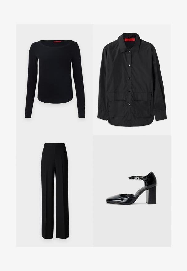 Svart skjorte med knapper laget av lett materiale, med klassisk krage, to frontlommer og en rød intern etikett.; Svart langermet T-skjorte med rund hals, myk tekstur og tettsittende passform. Har et enkelt design uten mønstre eller detaljer.; Sorte vidde bukser med en glatt tekstur, med høy midje og sentrale folder. Ingen synlige mønstre eller maskinvaredetaljer.; Sorte lakk lær høye hæler med firkantet tå, ankelrem og chunky hæl. Inkluderer perforerte detaljer langs kanten.