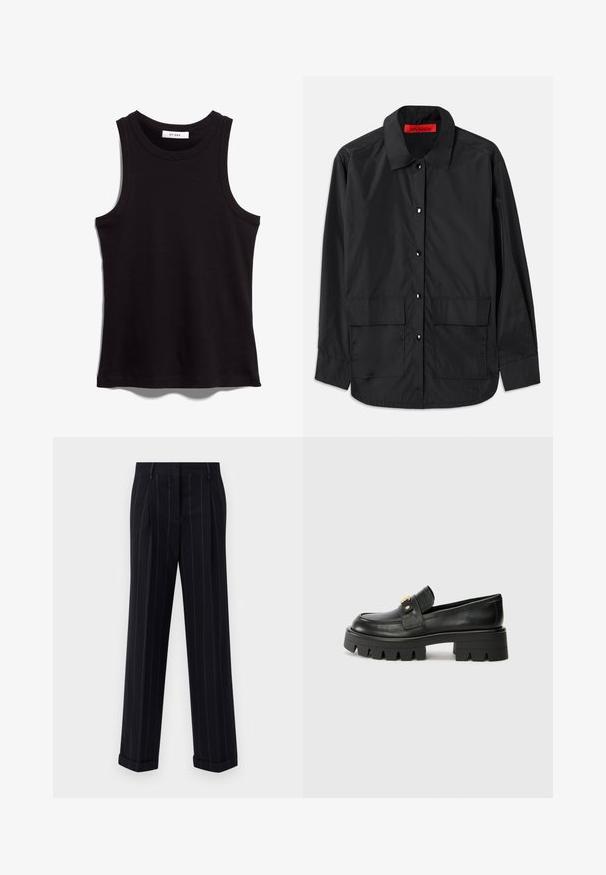 Crni košulja na dugih rukava izrađena od lagane tkanine, s klasičnim ovratnikom, dva prednja džepa i crvenom unutarnjom etiketom.; Crna majica bez rukava od rebrastog materijala. Ima okrugli izrez i široke otvorene rukave. Ravan donji rub s ušivenim detaljima. Jednostavan dizajn.; Crne prugaste hlače s krojem po mjeri, s opšivenim rubom i prednjim naborima. Izrađene od glatkog materijala s čvrstim dizajnom.; Crne kožne loafersice s debelim potplatom, s zlatnim akcentom sprijeda i glatkim završetkom. Debeli uzorak na potplatu.