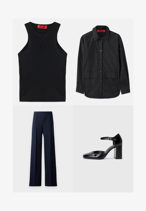 Camisa preta de botão, feita de um tecido leve, com colarinho clássico, dois bolsos frontais e um rótulo interno vermelho.; Top preto sem mangas feito de algodão macio. Apresenta um decote redondo e uma bainha standard. Design simples, sem padrões ou acessórios visíveis.; Calças largas em tecido azul marinho escuro, com uma textura suave, pregas frontais subtis e um cós ajustado para uma silhueta elegante.; Sapatos de salto alto em pele envernizada preta, com bico quadrado, tira no tornozelo e salto robusto. Inclui detalhes perfurados ao longo da borda.