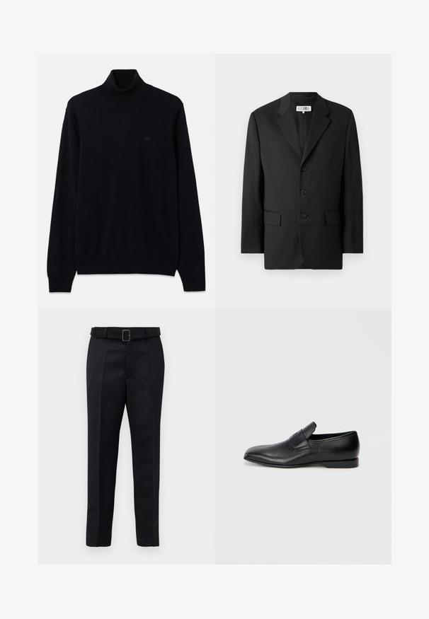 Fekete blézer sima anyagból, kivágott gallérral, három elülső gombbal és két elülső zsebből áll. Klasszikus szabású dizájn.; Fekete garbó pulóver puha kötött anyagból, hosszú ujjakra és bordázott mandzsettákra, valamint aljra jellemző. Diszkrét fekete logó részlet a mellkason.; A fekete, szabott nadrág sima anyagból készült, egyenes szabású, és övvel rendelkezik, amelynek téglalap alakú csatja van. A figyelemre méltó elülső redők fokozzák a dizájnt.; Fekete bőr, slip-on stílusú cipő, hegyes orral, sima textúrával és diszkrét logóval az oldalon. Alacsony sarokkal és letisztult, minimalista dizájnnal.