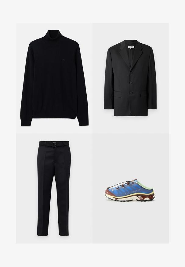 Blazer negro confeccionado en tejido suave, con solapas de pico, tres botones frontales y dos bolsillos frontales. Diseño clásico y entallado.; Suéter de cuello alto negro hecho de un suave tejido de punto, con mangas largas y puños y dobladillo acanalados. Detalle sutil del logotipo en negro en el pecho.; Los pantalones negros de corte ajustado presentan un tejido suave, un corte recto y una cintura con cinturón y hebilla rectangular. Las pliegues frontales notables realzan el diseño.; Zapatilla de running en azul, verde y marrón con parte superior de malla, sistema de lazada con ajuste rápido y suela texturizada para mayor agarre. Presenta el logotipo de la marca en el lateral.