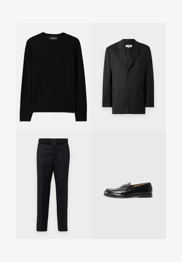 Zwarte blazer van een soepele stof, met een notched lapel, drie knopen aan de voorkant en twee zakken aan de voorkant. Klassiek op maat gemaakt ontwerp.; Zwarte crewneck trui van zacht materiaal. Voorzien van lange mouwen en een subtiele D2-logo detail op de voorkant. Eenvoudig, klassiek ontwerp.; Zwarte op maat gemaakte broek van gladde stof met een rechte snit en een ceintuur met een rechthoekige gesp. Opvallende voorvouwen accentueren het ontwerp.; Zwarte leren loafers met een gladde afwerking, rond de teen, decoratieve stiksels en een kleine metalen accent op de voorkant.