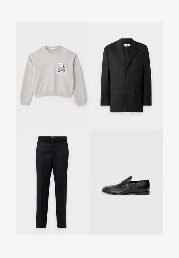 Black blazer made from smooth fabric, featuring a notched lapel, three front buttons, and two front pockets. Classic tailored design.; Light gray cropped sweatshirt made of soft material, featuring a front pocket with a photo print. Ribbed cuffs and hem.; Black tailored trousers feature a smooth fabric, straight cut, and a belted waist with a rectangular buckle. Notable front creases enhance the design.; Black leather slip-on shoe with a pointed toe, smooth texture, and subtle branding on the side. Low heel with a clean, minimal design.