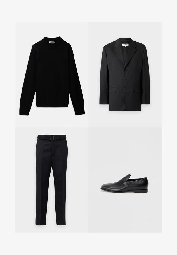 Černé sako vyrobené z hladkého materiálu, s klopovým límcem, třemi předními knoflíky a dvěma předními kapsami. Klasický střih.; Černý svetr s žebrovaným kulatým výstřihem, dlouhými rukávy a texturovaným pleteným vzorem. Žádné viditelné logo ani ozdoby.; Černé oblekové kalhoty mají hladkou tkaninu, rovný střih a pas s opaskem a obdélníkovou sponou. Výrazné přední záhyby zvýrazňují design.; Černá kožená slip-on obuv s špičatou špičkou, hladkou texturou a jemným logem na boku. Nízký podpatek s čistým, minimalistickým designem.
