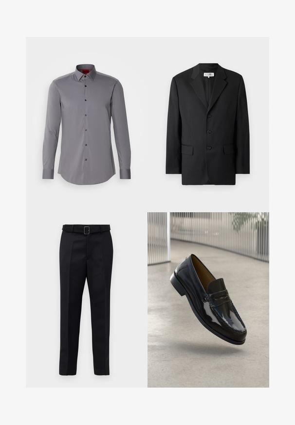 Čierny blazer vyrobený z hladkej tkaniny, s klopovým golierom, tromi prednými gombíkmi a dvoma prednými vreckami. Klasický strih.; Sivá košeľa s dlhým rukávom vyrobená z hladkej látky, ktorá má golier so zapínaním na gombíky a čierne gombíky, navrhnutá s zakriveným lemom a prispôsobeným strihom.; Čierne nohavice na mieru majú hladkú tkaninu, rovný strih a opasok s obdĺžnikovou sponou. Výrazné predné skladky zvýrazňujú dizajn.; Čierna lakovaná kožená loafer obuv s prešívaným akcentom, okrúhlym prstom, nízkym podpätkom a hladkým povrchom, vystavená na neutrálnom pozadí.