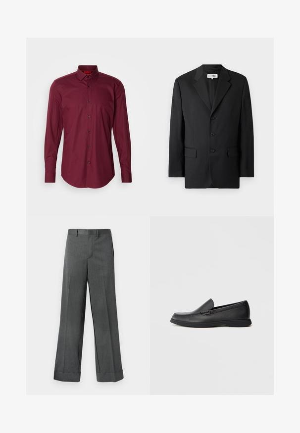 Fekete blézer sima anyagból, kivágott gallérral, három elülső gombbal és két elülső zsebből áll. Klasszikus szabású dizájn.; HUGO JENNO - Alkalmi ing - dark pink; Szürke, bő szárú nadrág texturált anyagból, lapos elülső résszel, övrúddal és felhajtott szárakkal. Testre szabott dizájn, látható zsebek nélkül.; Fekete bőr slip-on lófarok, textúrázott felsőrésszel, kerek orral, alacsony sarokkal és gumitalppal, oldalnézetből, fehér háttér előtt.