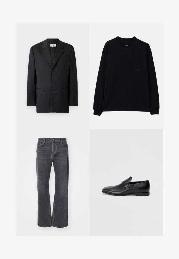 Fekete blézer sima anyagból, kivágott gallérral, három elülső gombbal és két elülső zsebből áll. Klasszikus szabású dizájn.; Fekete, hosszú ujjú pamut póló, kerek kivágással, bal oldalon mellzsebekkel és rugalmas mandzsettákkal. Minimalista dizájn, minták nélkül.; Fekete, magas derekú farmernadrág, laza, széles lábú kivitelben. Denim anyagból készült, finom kopással és elülső, valamint hátsó zsebekkel.; Fekete bőr, slip-on stílusú cipő, hegyes orral, sima textúrával és diszkrét logóval az oldalon. Alacsony sarokkal és letisztult, minimalista dizájnnal.
