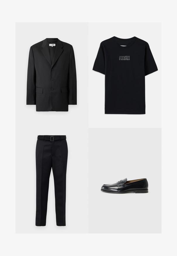 Blazer nero realizzato in tessuto liscio, con rever a punte, tre bottoni frontali e due tasche frontali. Design classico e sartoriale.; T-shirt nera in cotone con maniche corte e colletto rotondo. Presenta una stampa numerica bianca con un '6' stilizzato sul petto.; I pantaloni neri su misura presentano un tessuto liscio, una linea dritta e una vita con cintura dotata di una fibbia rettangolare. Le pieghe frontali notevoli arricchiscono il design.; Mocassini in pelle neri con finitura liscia, punta rotonda, cuciture decorative e un piccolo dettaglio metallico sul davanti.
