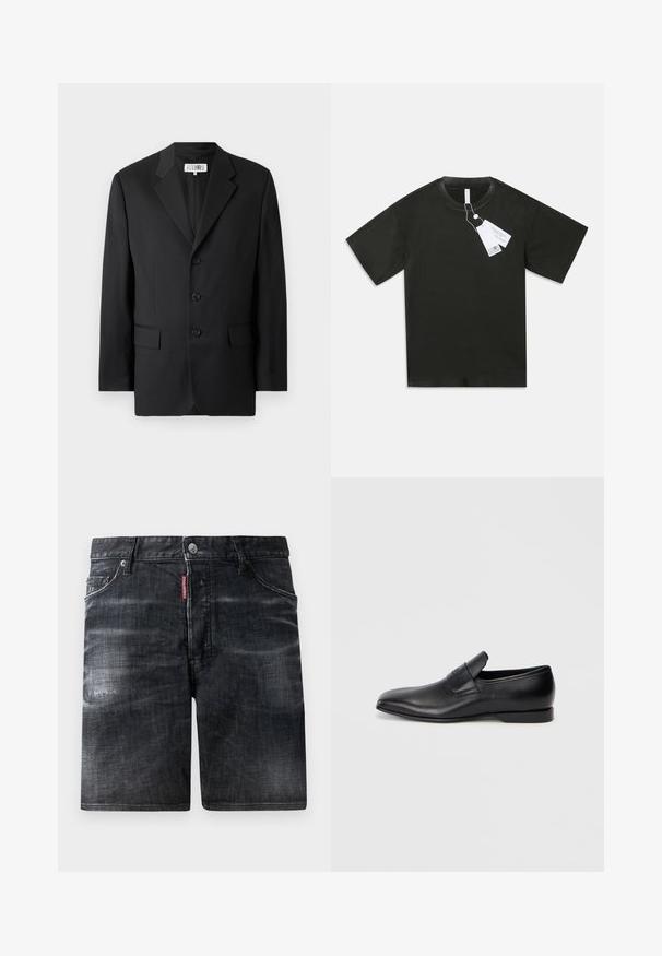 Mustas särk, mis on valmistatud siledast kangast, millel on sakiline krae, kolm esitukke ning kaks esikotti. Klassikaline saanud disain.; Must värvi lühikeste varrukatega puuvillane T-särk ümmarguse kaelakaelusega, millelt ripub valge tootetagi, tavalise valge tausta peal.; Mustad denimpüksid pleekinud disainiga, viis taskut, metallist nööbiga kinnitamine. Omab nähtavat bränditagi vööl.; Must musta libisemisega king, millel on terav varvas, sile tekstuur ja tagasihoidlik bränding küljel. Madal konts puhta ja minimalistliku disainiga.