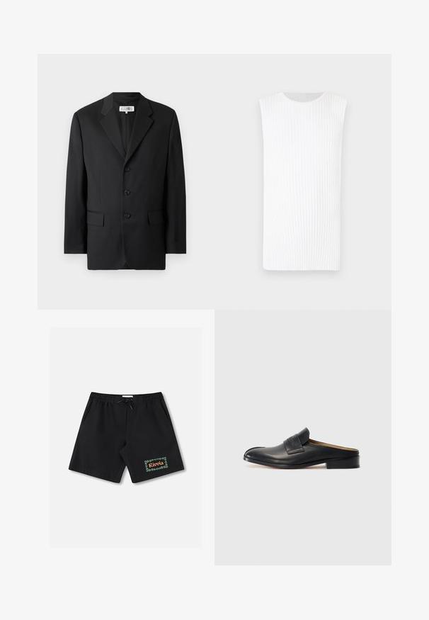 Sacou negru dintr-un material neted, cu rever clasic, trei butoane în față și două buzunare frontale. Design clasic, croit cu dibăcie.; Top alb fără mâneci, cu o textură în dungi, având un decolteu rotund și o siluetă ajustată. Material moale, design minimal.; Pantaloni scurți de baie negri cu talie elastică și șnur. Prezintă o margine florală verde cu textul „Rivolia” pe piciorul stâng.; Pantof cu talpă interioară din piele neagră, cu vârful rotunjit, toc mic blocat și o curea frontală. Textură netedă cu un detaliu subtil al logo-ului pe curea.