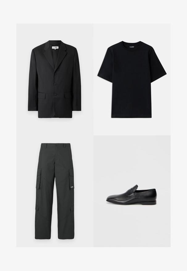 Fekete blézer sima anyagból, kivágott gallérral, három elülső gombbal és két elülső zsebből áll. Klasszikus szabású dizájn.; Fekete pamut póló klasszikus nyakkivágással és rövid ujjal. Diszkrét logó hímezve a bal mellen. Simább, sima felület.; Fekete, egyenes szárú cargo nadrág oldalsó zsebflapokkal, gombos záródással, övhurkokkal és kis fehér logóval a jobb zsebflapon.; Fekete bőr, slip-on stílusú cipő, hegyes orral, sima textúrával és diszkrét logóval az oldalon. Alacsony sarokkal és letisztult, minimalista dizájnnal.