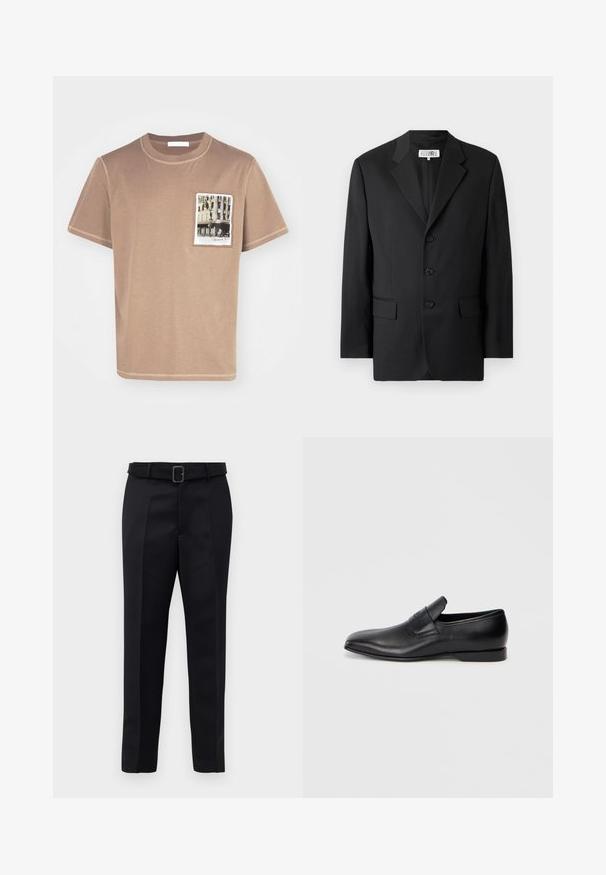 Black blazer made from smooth fabric, featuring a notched lapel, three front buttons, and two front pockets. Classic tailored design.; Brown cotton t-shirt with a round neckline, short sleeves, and a front pocket featuring a printed image of a building.; Black tailored trousers feature a smooth fabric, straight cut, and a belted waist with a rectangular buckle. Notable front creases enhance the design.; Black leather slip-on shoe with a pointed toe, smooth texture, and subtle branding on the side. Low heel with a clean, minimal design.
