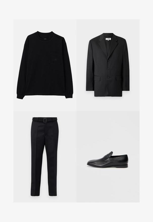 Černé sako vyrobené z hladkého materiálu, s klopovým límcem, třemi předními knoflíky a dvěma předními kapsami. Klasický střih.; Černé pánské tričko s dlouhým rukávem vyrobené z bavlny, s kulatým výstřihem, kapsou na levé straně hrudi a elastickými manžetami. Minimalistický design bez vzorů.; Černé oblekové kalhoty mají hladkou tkaninu, rovný střih a pas s opaskem a obdélníkovou sponou. Výrazné přední záhyby zvýrazňují design.; Černá kožená slip-on obuv s špičatou špičkou, hladkou texturou a jemným logem na boku. Nízký podpatek s čistým, minimalistickým designem.