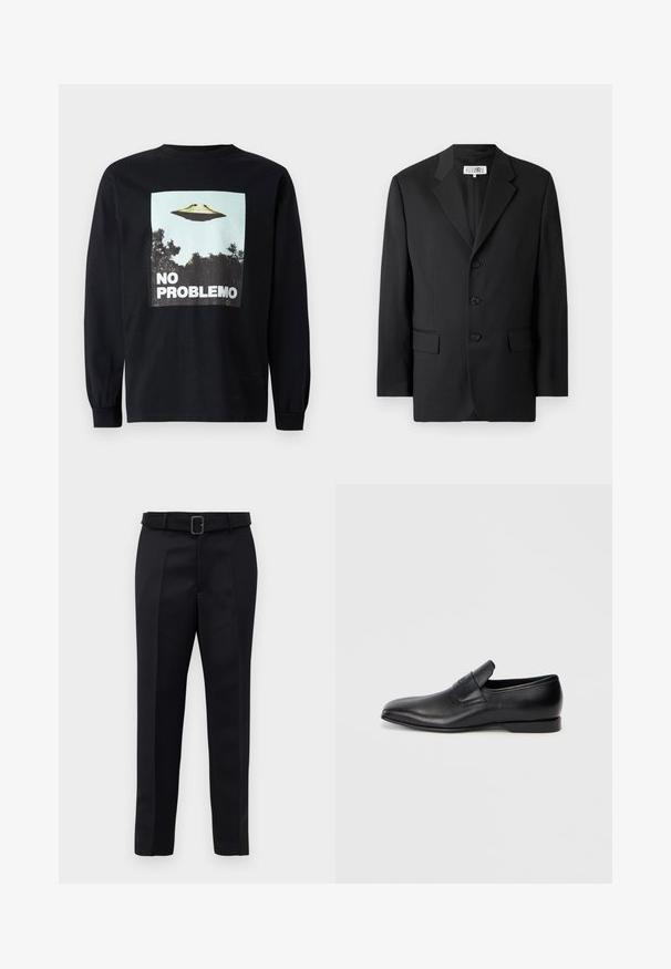 Schwarzer Blazer aus glattem Stoff, mit Reverskragen, drei vorderen Knöpfen und zwei vorderen Taschen. Klassisches, maßgeschneidertes Design.; Schwarzes Langarm-T-Shirt mit einem Grafikmotiv eines fliegenden Untertellers über Bäumen und dem Text "NO PROBLEMO" in fetten weißen Buchstaben.; Schwarze maßgeschneiderte Hosen aus glattem Stoff, mit geradem Schnitt und einem Bund mit rechteckiger Schnalle. Auffällige Frontfalten betonen das Design.; Schwarzer Leder-Slipper mit spitzer Zehe, glatter Textur und dezentem Branding an der Seite. Niedriger Absatz mit einem klaren, minimalistischen Design.