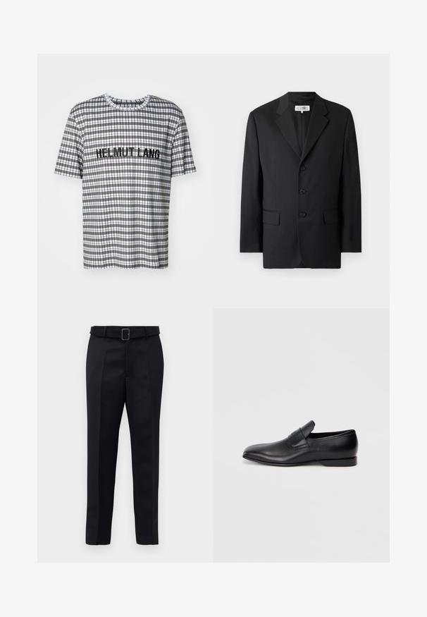 Czarna marynarka wykonana z gładkiego materiału, z wykrojem w szpic, trzema guzikami z przodu i dwoma przednimi kieszeniami. Klasyczny, dopasowany krój.; Koszulka z krótkim rękawem w kratę w kolorach czarnym, białym i szarym, z napisem "HELMUT LANG" wyhaftowanym na czarno na piersi.; Czarne dopasowane spodnie charakteryzują się gładkim materiałem, prostym krojem oraz paskiem w talii z prostokątną klamrą. Wyróżniające się przednie pliski podkreślają design.; Czarne skórzane buty wsuwane z ostrym noskiem, gładką fakturą i subtelnym logo z boku. Niski obcas z czystym, minimalistycznym designem.