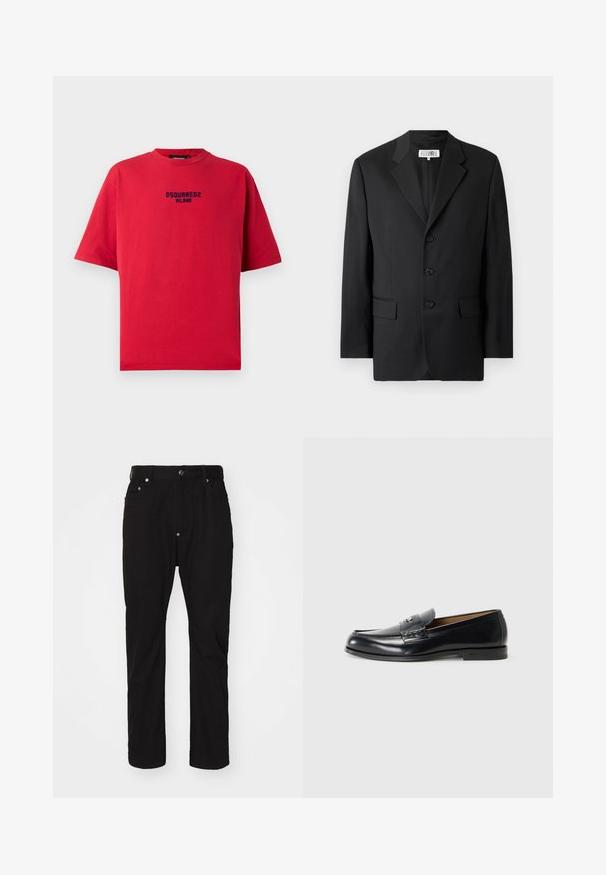 Čierny blazer vyrobený z hladkej tkaniny, s klopovým golierom, tromi prednými gombíkmi a dvoma prednými vreckami. Klasický strih.; Červené bavlnené tričko s okrúhlym výstrihom, krátkymi rukávmi a čiernym potlačeným logom "DSQUARED2 MILANO" na prednej strane.; Čierne bavlnené nohavice so striedmym strihom, zapínanie na gombík, dizajn s piatimi vreckami a jemnou štruktúrou. Bez viditeľných ozdôb alebo vzorov.; Čierne kožené mokasíny s hladkým povrchom, okrúhlou špičkou, dekoratívnym prešívaním a malým kovovým akcentom na prednej strane.