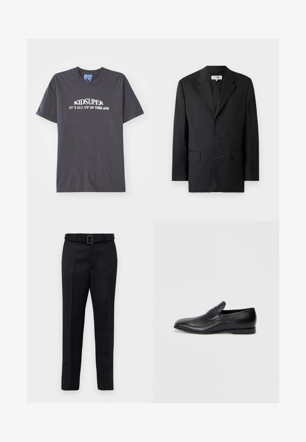 Fekete blézer sima anyagból, kivágott gallérral, három elülső gombbal és két elülső zsebből áll. Klasszikus szabású dizájn.; Fekete pamut póló, fehér "KIDSUPER IT’S ALL UP IN THE AIR" felirattal, kerek nyakkal és rövid ujjakkal.; A fekete, szabott nadrág sima anyagból készült, egyenes szabású, és övvel rendelkezik, amelynek téglalap alakú csatja van. A figyelemre méltó elülső redők fokozzák a dizájnt.; Fekete bőr, slip-on stílusú cipő, hegyes orral, sima textúrával és diszkrét logóval az oldalon. Alacsony sarokkal és letisztult, minimalista dizájnnal.