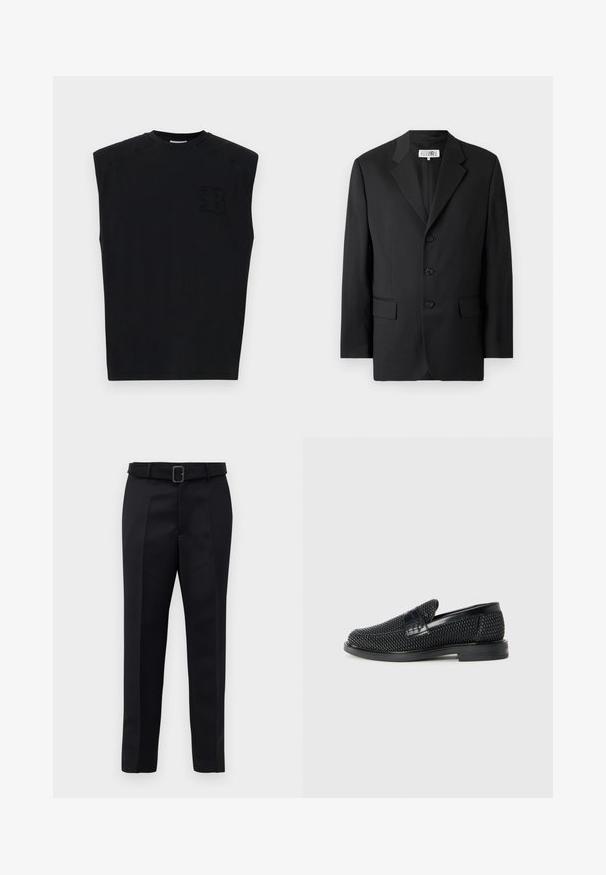 Čierny blazer vyrobený z hladkej tkaniny, s klopovým golierom, tromi prednými gombíkmi a dvoma prednými vreckami. Klasický strih.; Čierny bezrukávový top z bavlny s okrúhlym výstrihom, ktorý má textúrované logo na prednej ľavej strane a hladký povrch.; Čierne nohavice na mieru majú hladkú tkaninu, rovný strih a opasok s obdĺžnikovou sponou. Výrazné predné skladky zvýrazňujú dizajn.; Čierne tkané slip-on topánky s hladkým koženým akcentom na vrchnej časti, s okrúlym dizajnom špičky a nízkoprofilovou gumovou podrážkou.