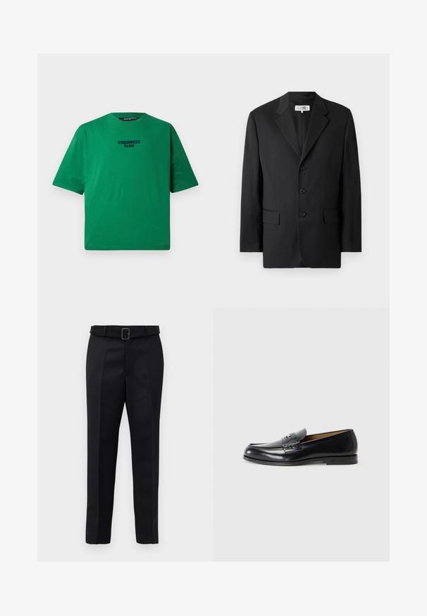 Sort blazer lavet af glat stof, med en slagkrave, tre frontknapper og to frontlommer. Klassisk skræddersyet design.; Grøn T-shirt lavet af bomuld, med rund hals og korte ærmer. Sort "DSQUARED2 MILANO" logo centreret på forsiden.; Sorte skræddersyede bukser har et glat stof, lige snit og en bæltestrop med en rektangulær spænde. Bemærkelsesværdige forreste folder fremhæver designet.; Læder loafers i sort med en glat finish, rund tå, dekorativ syning og et lille metalaccent foran.