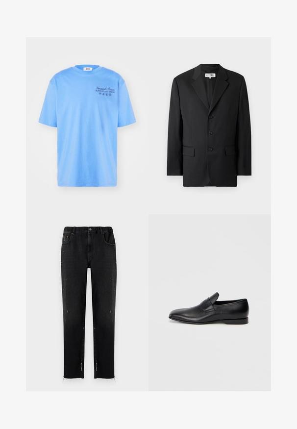 Sacou negru dintr-un material neted, cu rever clasic, trei butoane în față și două buzunare frontale. Design clasic, croit cu dibăcie.; Tricou din bumbac de culoare albastru deschis, cu mânecă scurtă, gât rotund și text negru: "Fantastic Green Burro Studio MSGM" cu accente grafice.; Jeans negri din denim cu talie elastică, croială dreaptă, detalii uzate și tiv desfăcut. Include buzunare și închidere cu nasture.; Pantofii negri din piele, slip-on, cu vârf ascuțit, textură netedă și branding subtil pe lateral. Toc jos cu un design curat și minimal.