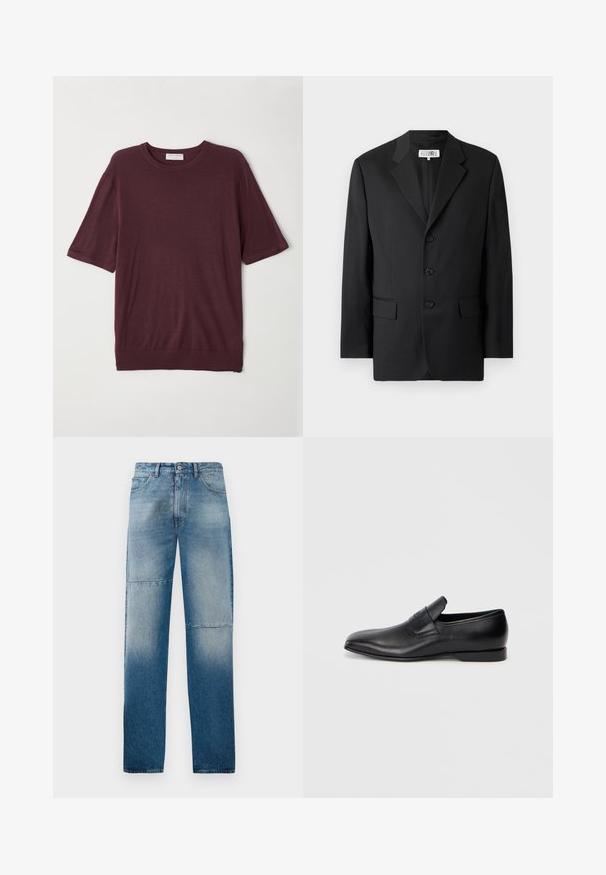 Mustas särk, mis on valmistatud siledast kangast, millel on sakiline krae, kolm esitukke ning kaks esikotti. Klassikaline saanud disain.; Burgundia lühikese varrukaga t-särk, mis on valmistatud pehmest kangast; omaduseks on ümmargune kaelus ja mugav lõige sirge alläärega. Lihtne disain ilma mustriteta.; Heledad sinine teksad sirge säärega disainiga, kulunud pesu ja kaks horisontaalset õmblust. Omab viit taskut ja nupuga kinnitamist.; Must musta libisemisega king, millel on terav varvas, sile tekstuur ja tagasihoidlik bränding küljel. Madal konts puhta ja minimalistliku disainiga.