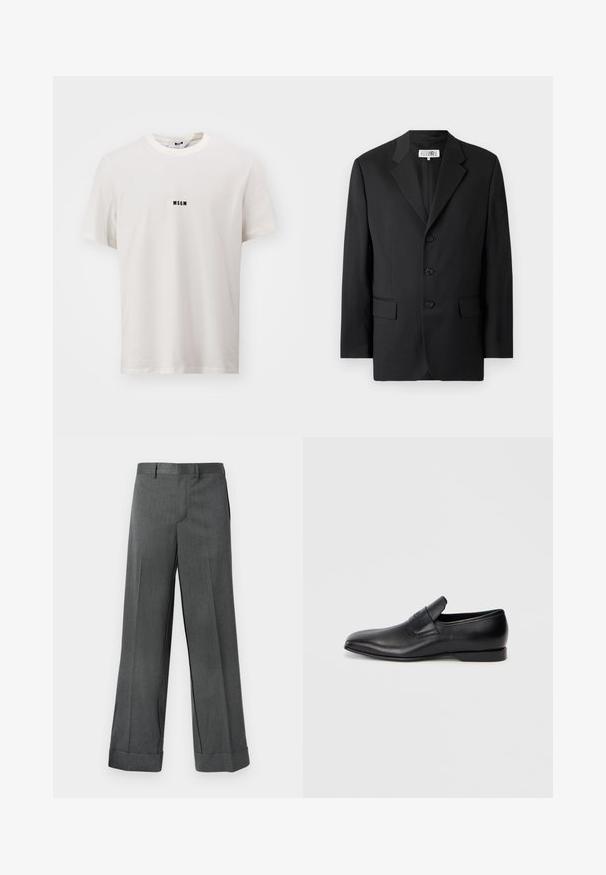 Blazer nero realizzato in tessuto liscio, con rever a punte, tre bottoni frontali e due tasche frontali. Design classico e sartoriale.; T-shirt bianco in cotone con collo rotondo. Presenta un piccolo logo nero "MSGM" centrato sul petto. Maniche corte, vestibilità rilassata.; Pantaloni grigi a gamba larga con un tessuto texturizzato, caratterizzati da una parte frontale piatta, passanti per la cintura e orli ripiegati. Design sartoriale senza tasche visibili.; Scarpa nera in pelle slip-on con punta affusolata, texture liscia e branding discreto sul lato. Tacco basso con un design pulito e minimalista.