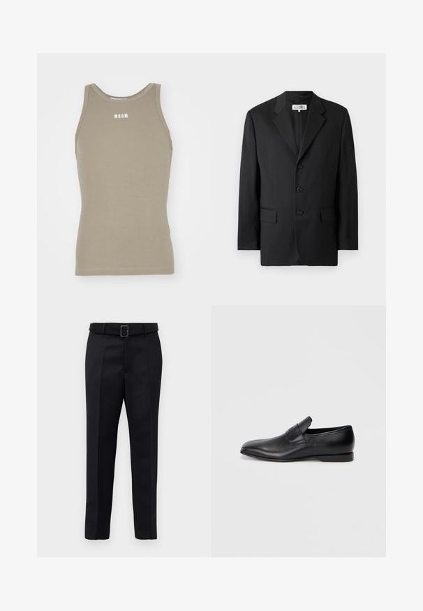 Schwarzer Blazer aus glattem Stoff, mit Reverskragen, drei vorderen Knöpfen und zwei vorderen Taschen. Klassisches, maßgeschneidertes Design.; Khakifarbenes Racerback-Tanktop aus dehnbarem Baumwollmaterial mit gerippter Textur; mit einem weißen "MSGM"-Logo im Brustbereich.; Schwarze maßgeschneiderte Hosen aus glattem Stoff, mit geradem Schnitt und einem Bund mit rechteckiger Schnalle. Auffällige Frontfalten betonen das Design.; Schwarzer Leder-Slipper mit spitzer Zehe, glatter Textur und dezentem Branding an der Seite. Niedriger Absatz mit einem klaren, minimalistischen Design.