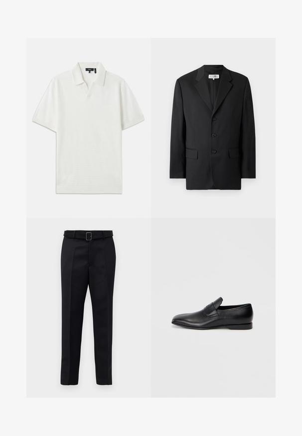 Mustas särk, mis on valmistatud siledast kangast, millel on sakiline krae, kolm esitukke ning kaks esikotti. Klassikaline saanud disain.; Valge lühikeste varrukatega polo särk, millel on tekstuuriga muster, v-kaelus ja pehme kangas. Omab nõrku, puhtaid jooni ja lõdva lõikega. ; Mustad mustad püksid on valmistatud siledast kangast, sirgelt lõigatud ja beldiga vöökoht, millel on ristkülikukujuline pandla. Märkimisväärsed esisellukid täiustavad disaini.; Must musta libisemisega king, millel on terav varvas, sile tekstuur ja tagasihoidlik bränding küljel. Madal konts puhta ja minimalistliku disainiga.