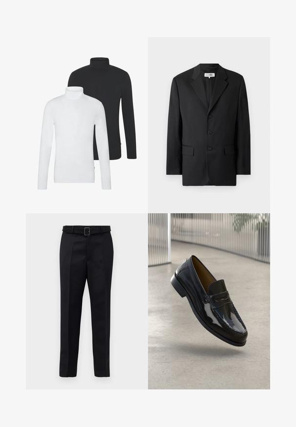 Čierny blazer vyrobený z hladkej tkaniny, s klopovým golierom, tromi prednými gombíkmi a dvoma prednými vreckami. Klasický strih.; Dvoje svetrov s vysokým golierom a dlhým rukávom: jeden biely, druhý čierny. Obe sú vyrobené z mäkkej zmesi bavlny a majú priliehavý strih.; Čierne nohavice na mieru majú hladkú tkaninu, rovný strih a opasok s obdĺžnikovou sponou. Výrazné predné skladky zvýrazňujú dizajn.; Čierna lakovaná kožená loafer obuv s prešívaným akcentom, okrúhlym prstom, nízkym podpätkom a hladkým povrchom, vystavená na neutrálnom pozadí.