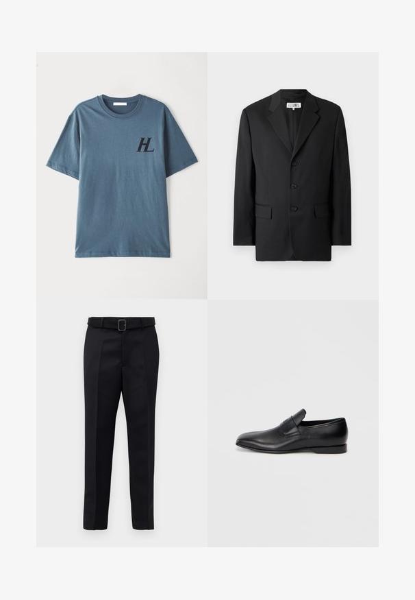 Schwarzer Blazer aus glattem Stoff, mit Reverskragen, drei vorderen Knöpfen und zwei vorderen Taschen. Klassisches, maßgeschneidertes Design.; Kurzärmliges blaues Baumwoll-T-Shirt mit einem dunklen "HL"-Logo auf der Brust. Der Stoff hat eine glatte Textur und einen runden Halsausschnitt.; Schwarze maßgeschneiderte Hosen aus glattem Stoff, mit geradem Schnitt und einem Bund mit rechteckiger Schnalle. Auffällige Frontfalten betonen das Design.; Schwarzer Leder-Slipper mit spitzer Zehe, glatter Textur und dezentem Branding an der Seite. Niedriger Absatz mit einem klaren, minimalistischen Design.