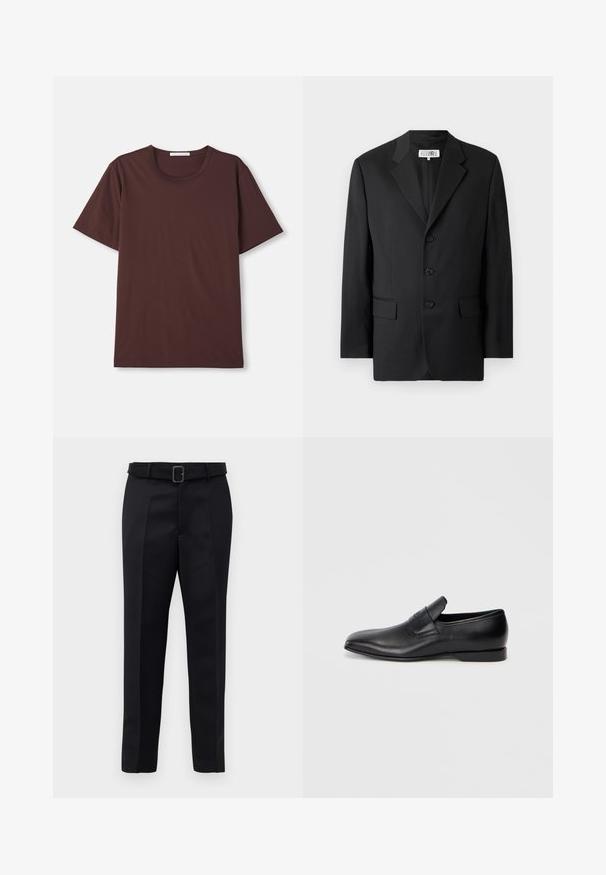 Black blazer made from smooth fabric, featuring a notched lapel, three front buttons, and two front pockets. Classic tailored design.; Dark burgundy short-sleeve t-shirt made from soft cotton. Features a round neckline and a relaxed fit with no visible patterns or hardware.; Black tailored trousers feature a smooth fabric, straight cut, and a belted waist with a rectangular buckle. Notable front creases enhance the design.; Black leather slip-on shoe with a pointed toe, smooth texture, and subtle branding on the side. Low heel with a clean, minimal design.