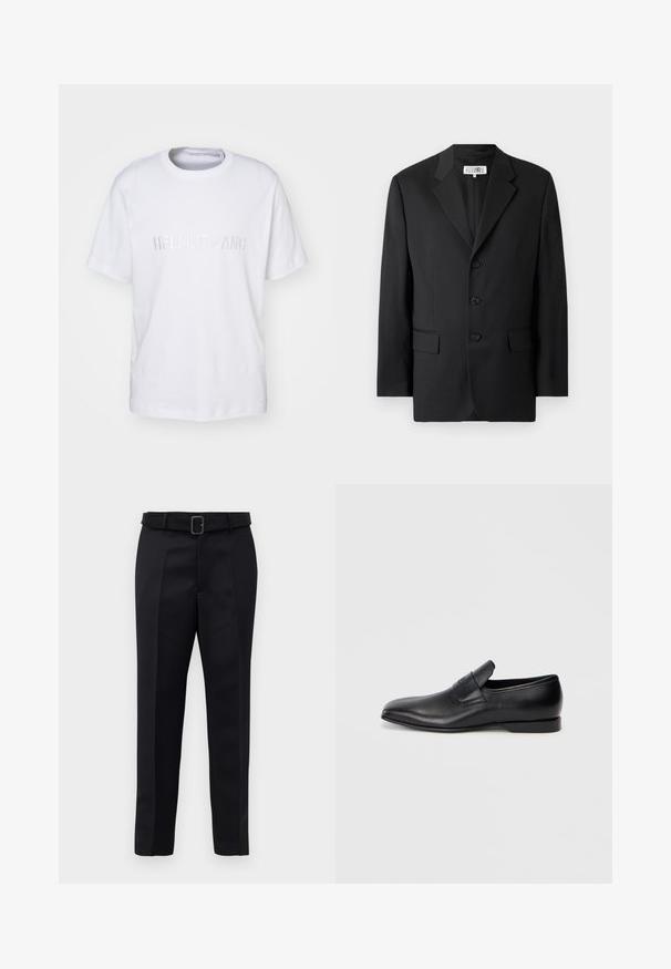 Schwarzer Blazer aus glattem Stoff, mit Reverskragen, drei vorderen Knöpfen und zwei vorderen Taschen. Klassisches, maßgeschneidertes Design.; Helmut Lang LOGO TEE - T-Shirt print - white; Schwarze maßgeschneiderte Hosen aus glattem Stoff, mit geradem Schnitt und einem Bund mit rechteckiger Schnalle. Auffällige Frontfalten betonen das Design.; Schwarzer Leder-Slipper mit spitzer Zehe, glatter Textur und dezentem Branding an der Seite. Niedriger Absatz mit einem klaren, minimalistischen Design.
