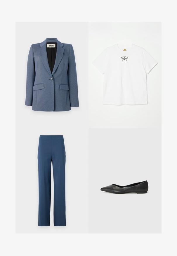 Blazer ajusté bleu avec un tissu texturé, fermeture à un bouton, deux poches avant et une doublure noire. Design de revers notable.; T-shirt en coton blanc avec un petit logo noir avec des ailes et "MCM" au centre devant. Conçu avec des manches courtes et un col rond.; Pantalons large bleu foncé en tissu doux et extensible. Présentent une taille haute et un design épuré, sans poches.; Ballerines en cuir noir avec un bout pointu, un talon bas et une texture lisse. Design minimal avec une subtile accent latéral.