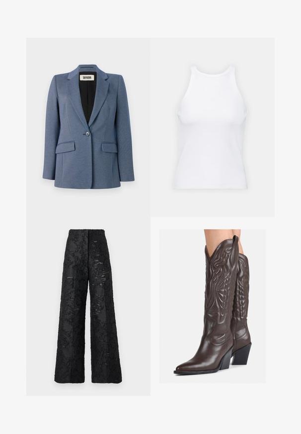 Blaue maßgeschneiderte Blazerjacke aus strukturiertem Stoff, mit einreihiger Knopfschluss, zwei Fronttaschen und schwarzem Futter. Auffälliges Reversdesign.; Weißes ärmelloses Tanktop aus geripptem Stoff, mit rundem Ausschnitt und figurbetonter Silhouette, minimalen Nähten und ohne Verzierungen.; Schwarze weite Hosen aus strukturiertem Stoff mit floralem Muster. Sie haben eine hohe Taille und eine glatte Oberfläche.; Braune Leder-Cowboy-Stiefel mit spitzem Punkt und Blockabsatz, die über detaillierte Stickereien und hervorgehobene Akzente am Schaft verfügen.