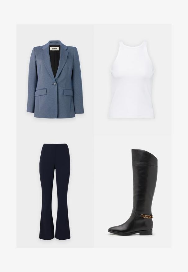 Blå skräddarsydd kavaj i texturerad tyg, enfaldig knäppning, två framfickor och svart foder. Anmärkningsvärd krage-design.; Vit ärmlös linne av ribbat tyg, med rundad halsringning och smal silhuett, med minimala sömmar och utan dekorationer.; Marinblå utsvängda byxor i ett slätt tyg, med hög midja och diskret stretch för komfort. Ingen synlig hårdvara eller mönster.; Höga svarta läderstövlar med en strömlinjeformad design, spetsig tå och en guldkedja vid vristen. Låg klack. Slät yta.