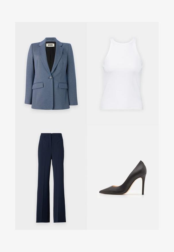 Blaue maßgeschneiderte Blazerjacke aus strukturiertem Stoff, mit einreihiger Knopfschluss, zwei Fronttaschen und schwarzem Futter. Auffälliges Reversdesign.; Weißes ärmelloses Tanktop aus geripptem Stoff, mit rundem Ausschnitt und figurbetonter Silhouette, minimalen Nähten und ohne Verzierungen.; Patrizia Pepe PANT - Stoffhose - navy; Schwarzer Lederpumps mit hohem Absatz, spitz zulaufender Schuhspitze, glatter Textur und schlankem Stilettoabsatz. Minimalistisches Design, ohne sichtbare Beschläge.