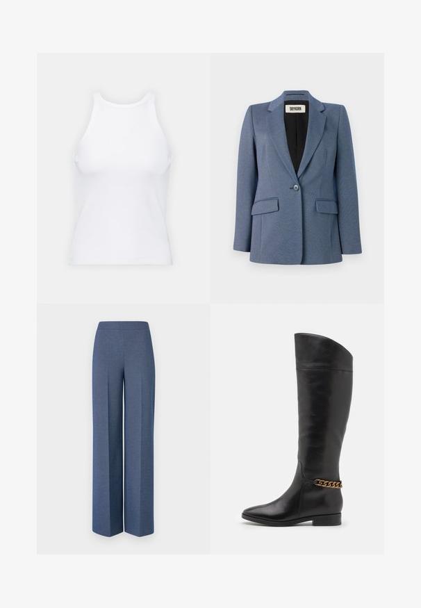 Blue tailored blazer with a textured fabric, single button closure, two front pockets, and a black lining. Notable lapel design.; White sleeveless tank top made of ribbed fabric, featuring a rounded neckline and a fitted silhouette, with minimal seams and no embellishments.; Wide-leg trousers in textured blue fabric with a smooth waistband and sharp creases down the front, showcasing a tailored design.; Tall black leather boots with a sleek design, pointed toe, and a gold chain accent at the ankle. Low block heel. Smooth texture.